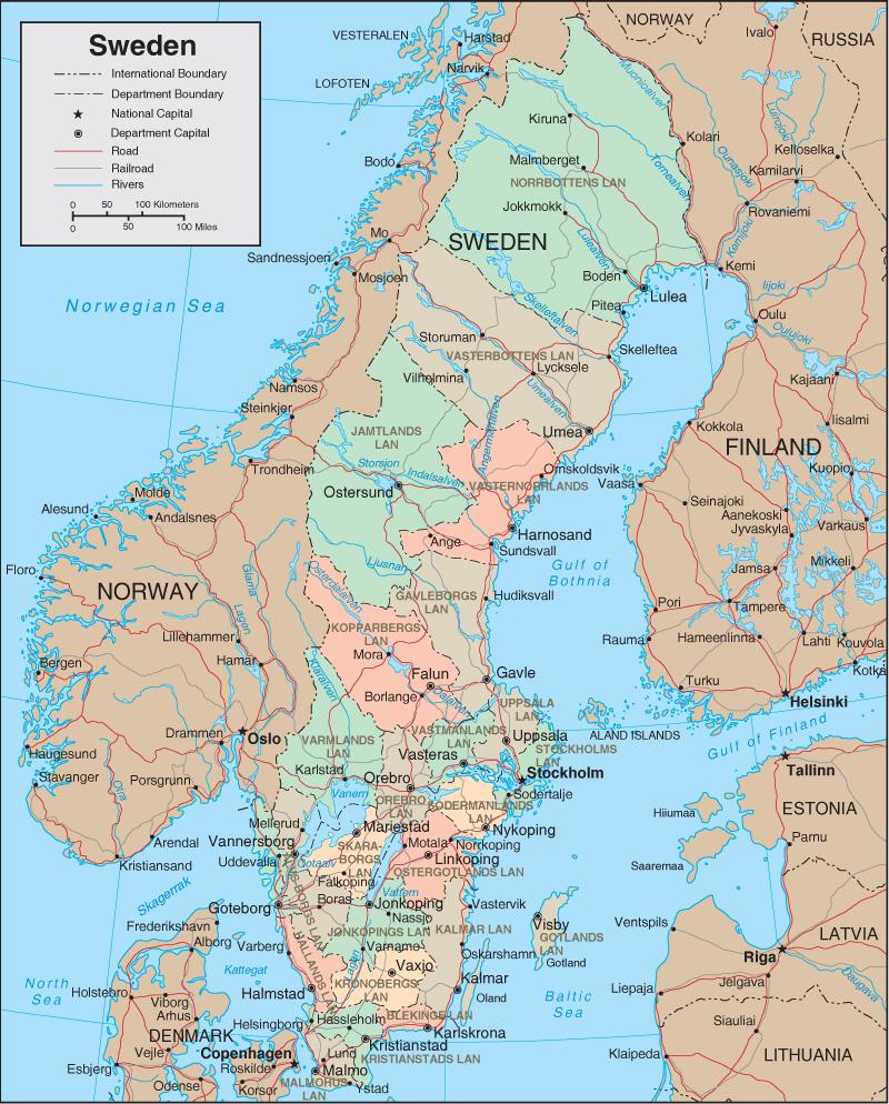 Kart Sverige - Detaljert kart over Sverige (Nord-Europa - Europa)
